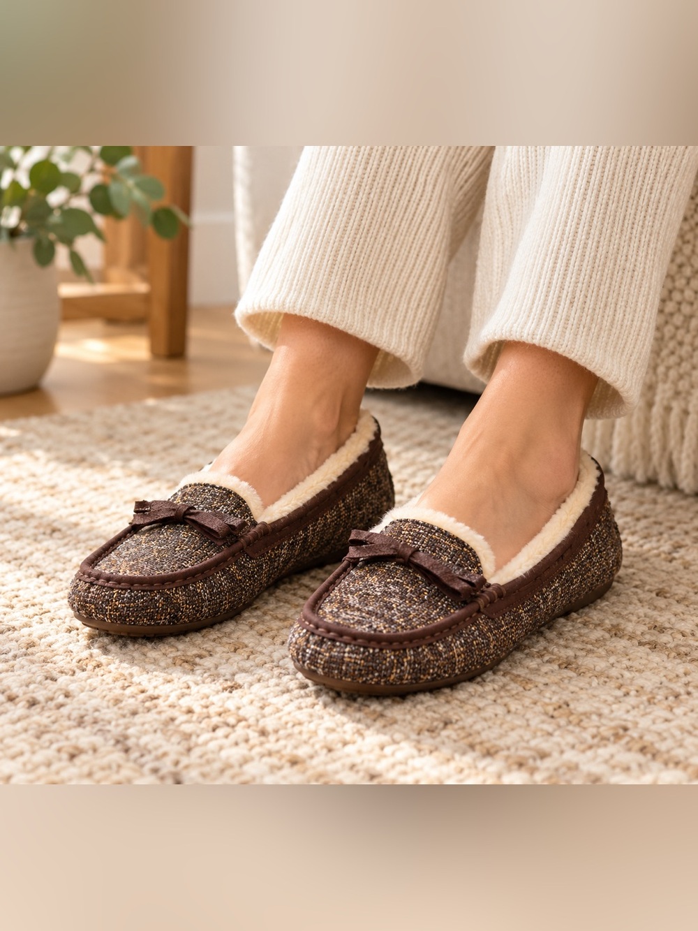 UGG Brown Gold Tweed Shearling Bow Moccasin Slippers Size 8